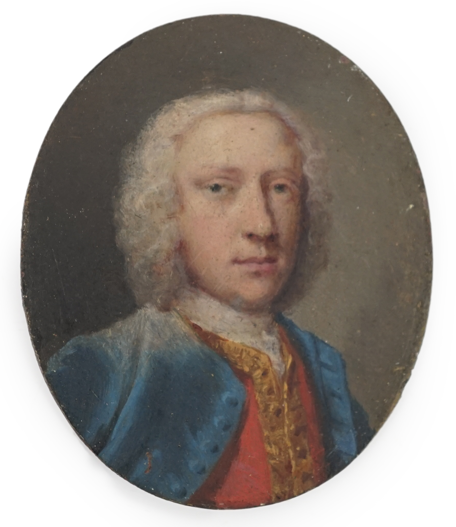 English School circa 1750, Portrait miniature of a gentleman, oil on copper, 3.8 x 3.2cm.